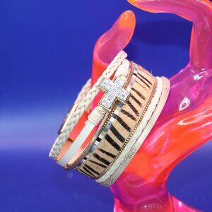 New 6 Strand Magnetic Clasp Leopard Print Braided Rhinestone Cross Bracelet